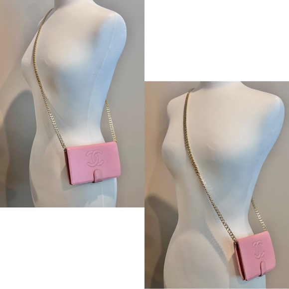 ✨Authentic Vintage CHANEL CC Logo Timeless Pink Caviar Leather Wallet On Chain - Picture 16 of 16